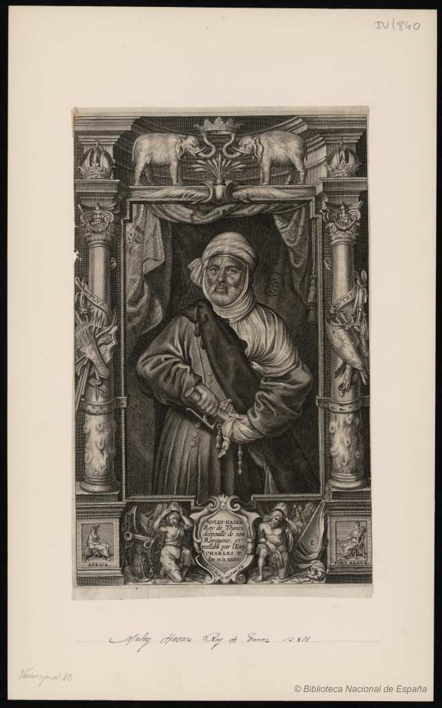 Retrato de Muley Hassan,  realizado por Nicolas Van der Horst  y Paulus Pontius. Mediados del siglo XVII. Fuente: Biblioteca Digital Hispánica.